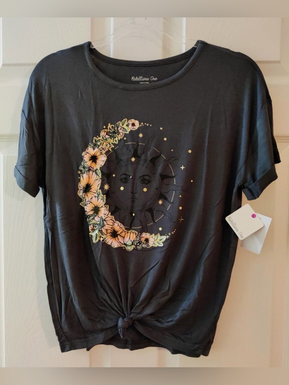Rebellious One Gray Moon & Sun Floral Knot Front Tee